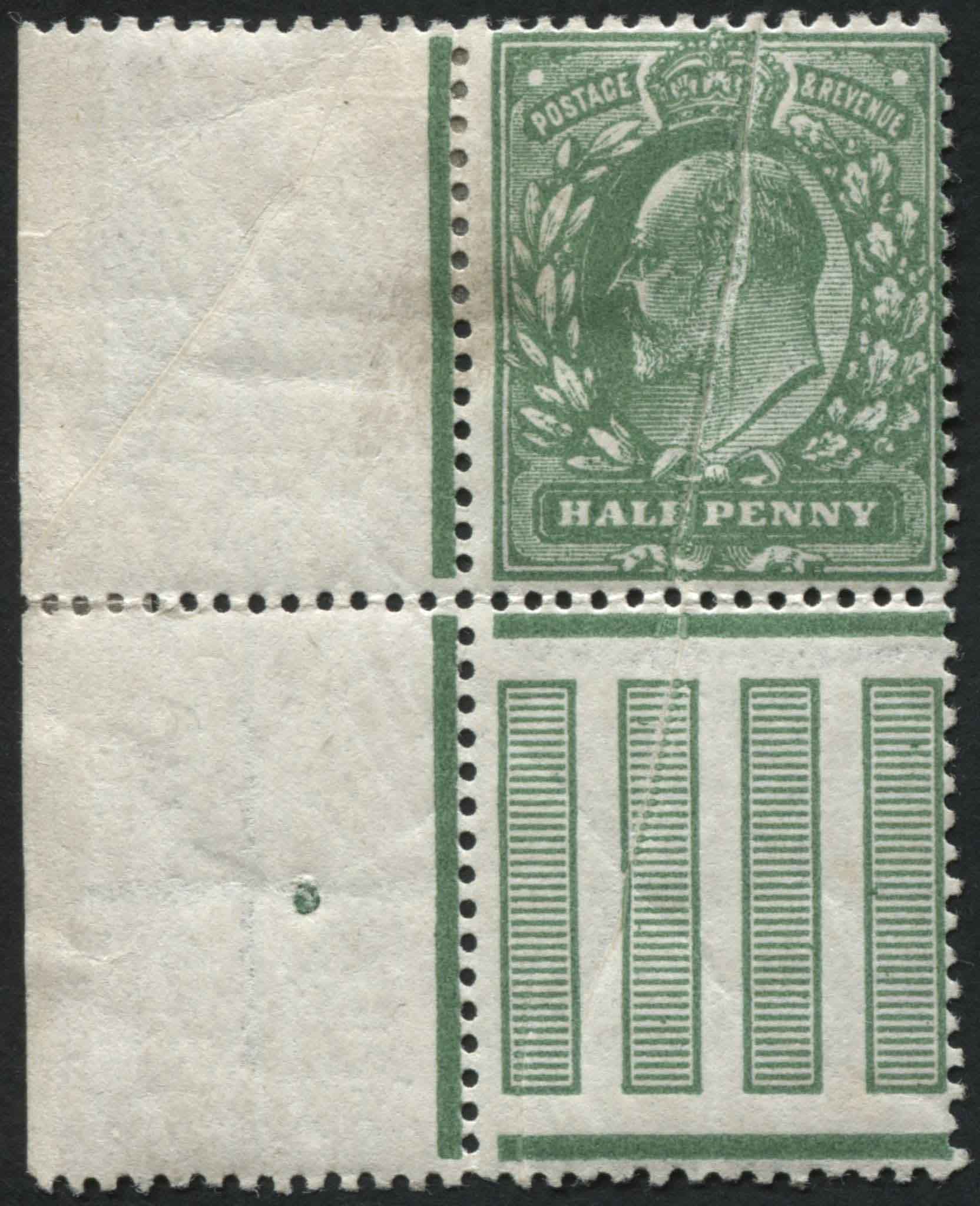 SG269 d deep dull Green corner marginal, mint M3/3 interpaneau with printing paper fold