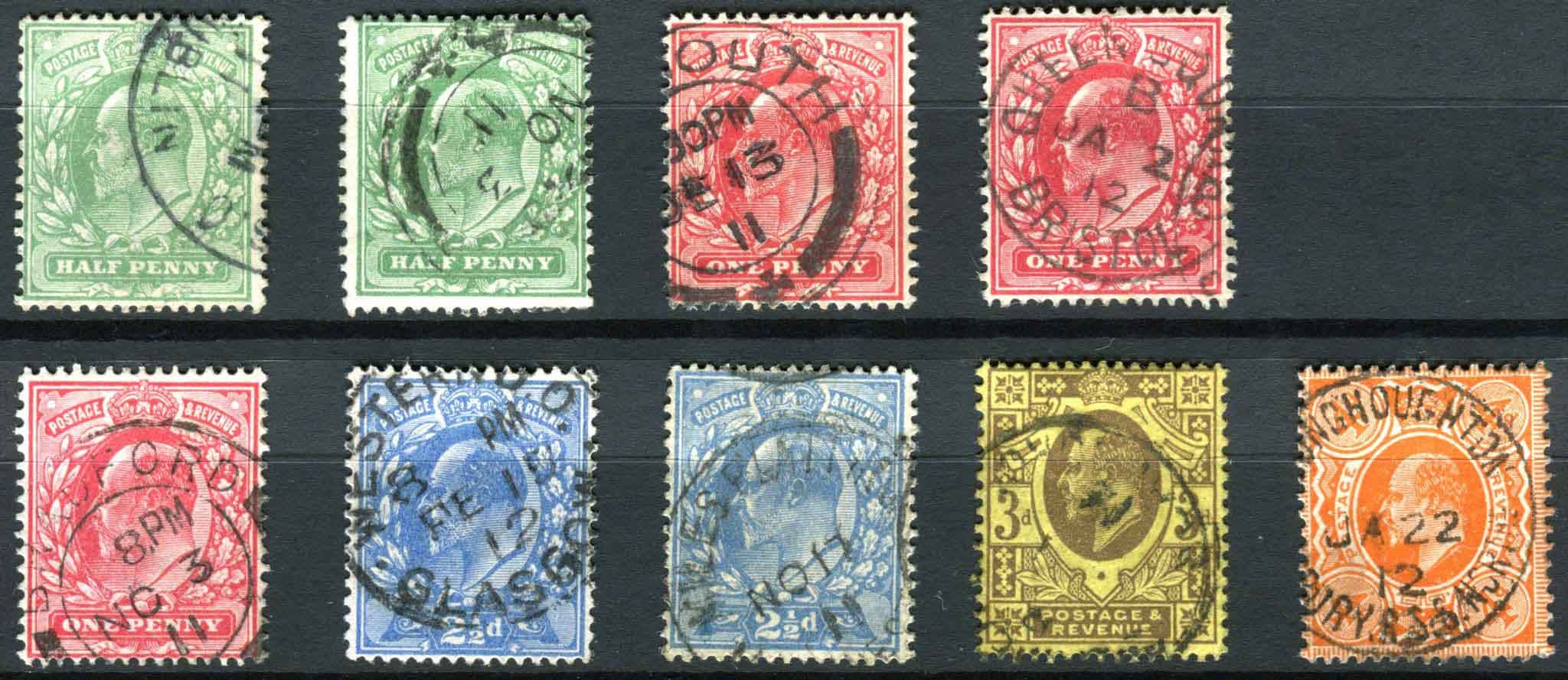 SG279-285 Edward VII P15x14 long set of 9 stamps, VF/U lovely colour