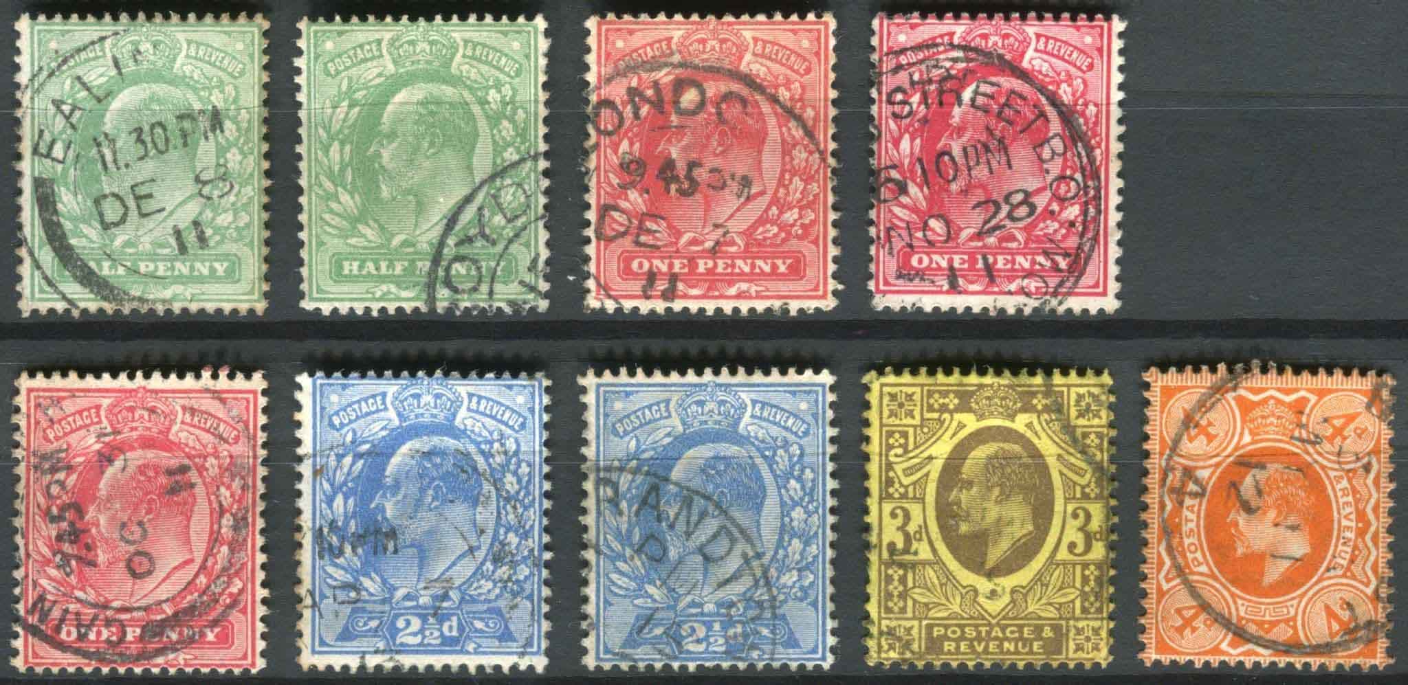 SG279-285 Edward VII P15x14 long set of 9 stamps, VF/U lovely colour