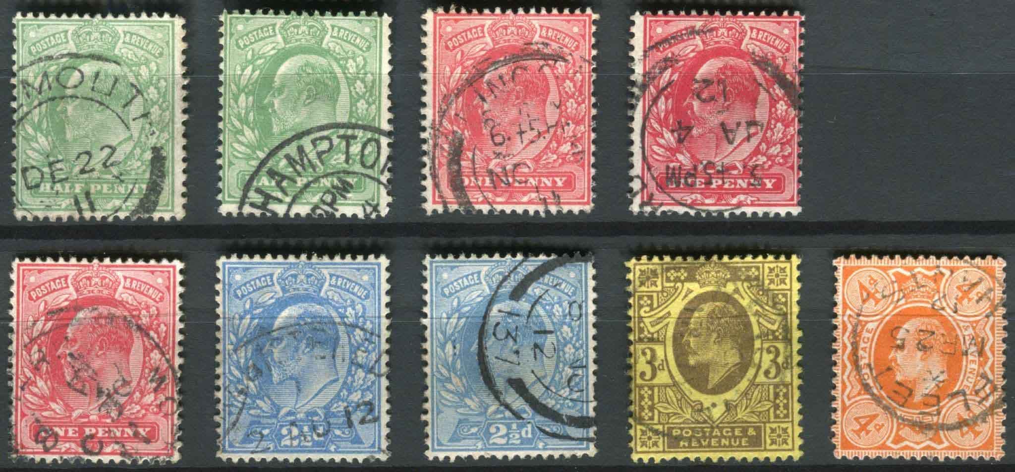 SG279-285 Edward VII P15x14 long set of 9 stamps, VF/U lovely colour ( C )