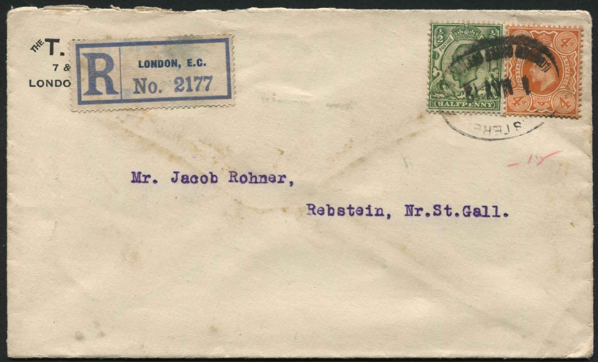 SG286 4d Orange 15x14 with d KGV to make up correct rate, 4d on envelope 1.5.1912