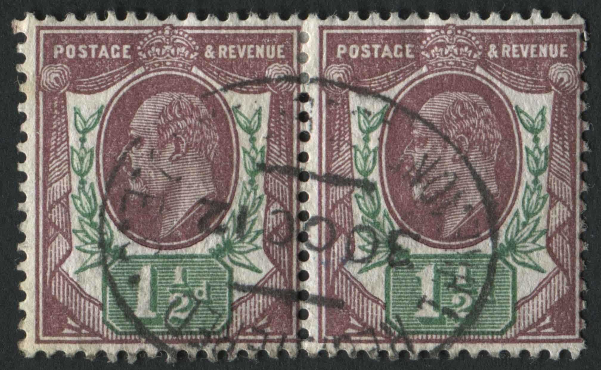 SG287 1d Reddish Purple and Yellow pair 30.10.1912, perfect used pair