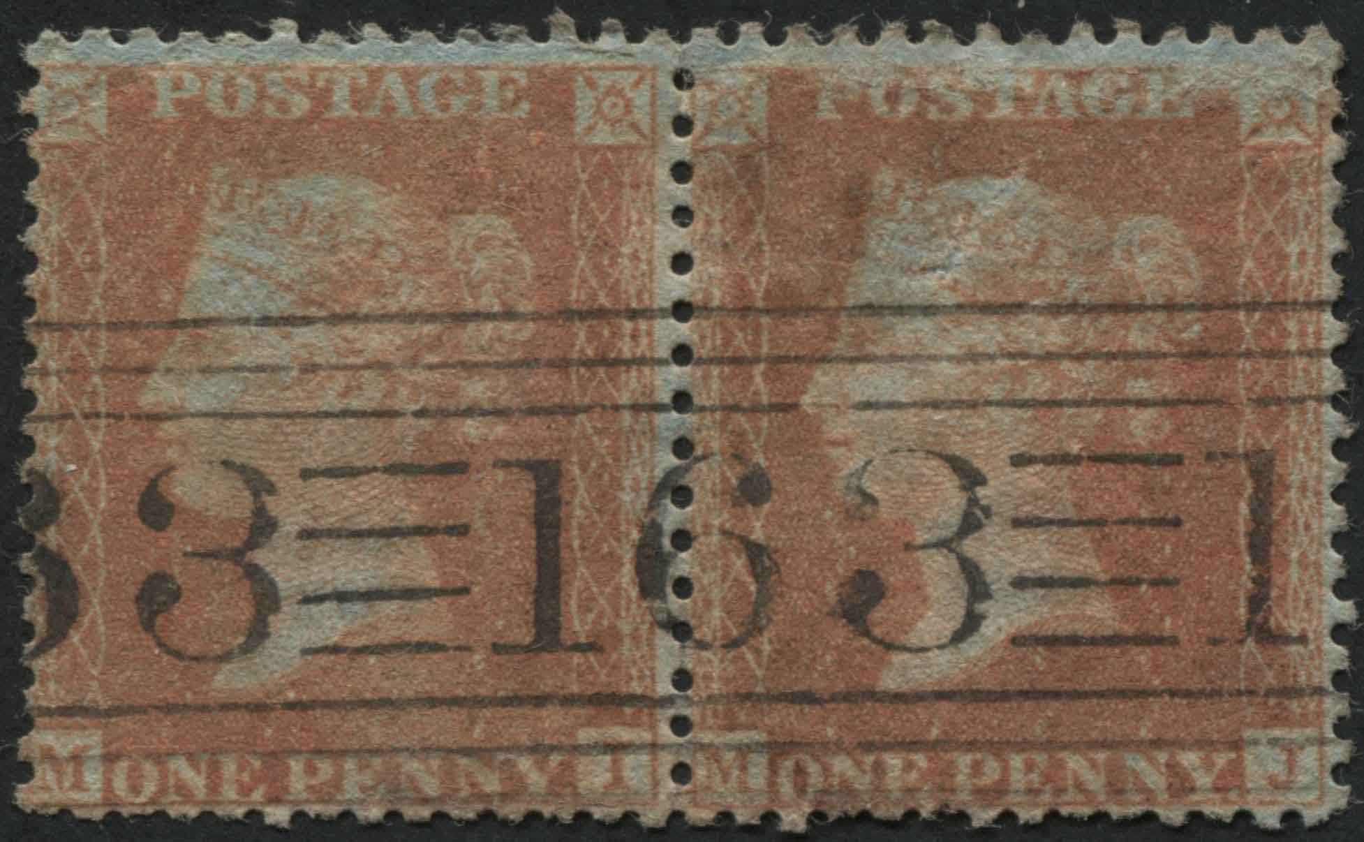 SG29 1d Red Brown MI-MJ pair, neatly cancelled with Greenock 163 roller cancel, fine and scarce