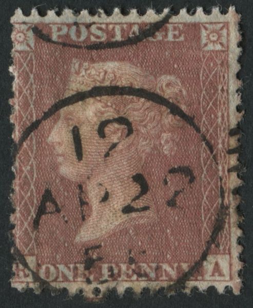 SG29 1d Red Brown Spec C8 RA Plate 33, with rare single ring 22.4.1856