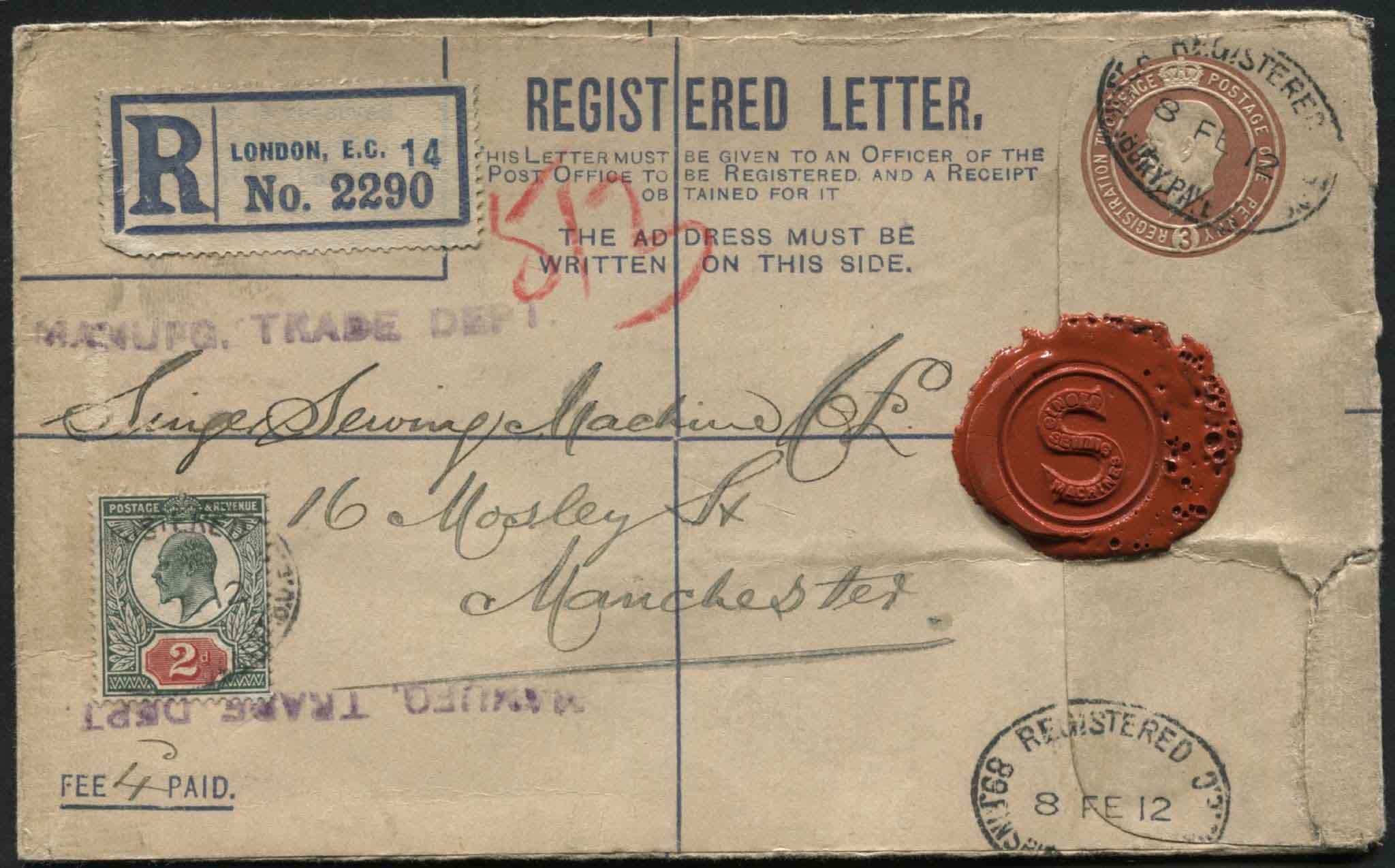 SG290 2d dull Green and Red on uprated 3d registered envelope at London