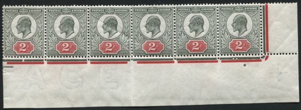 SG292 SpecM13(4) 2d Grey Green and bright Carmine corner strip of 6, light crease/wrinkle