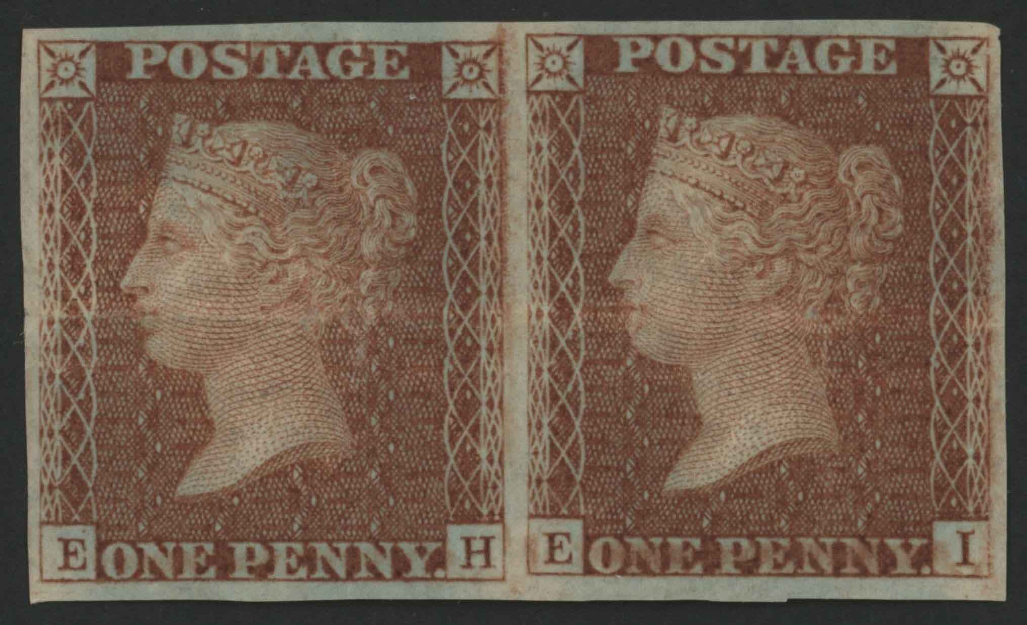 SG29a 1d Red Brown imperf pair EH-EI experimental issue printed without gum