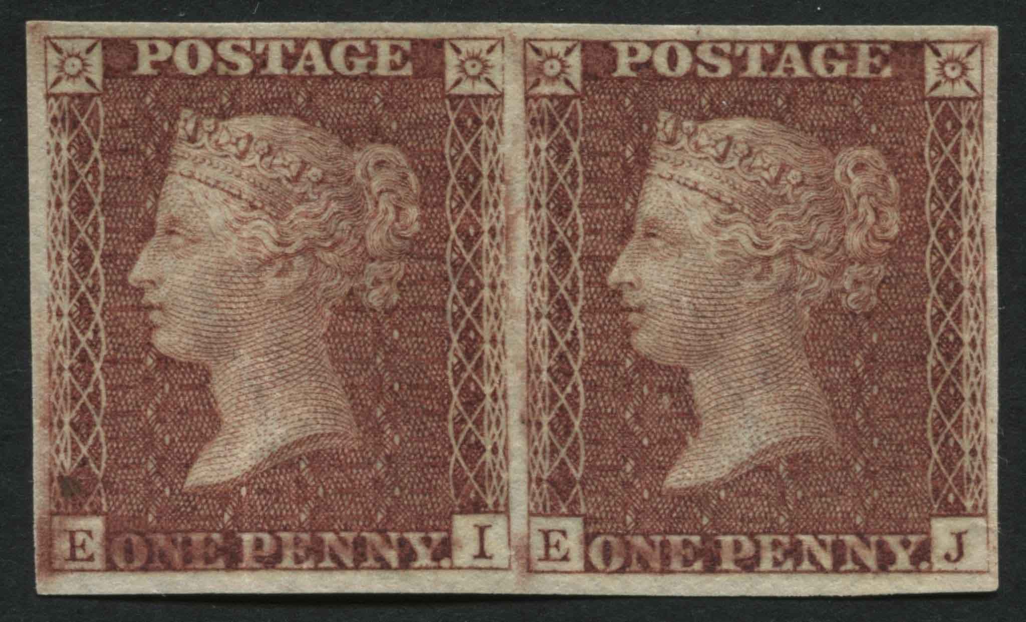 SG29a 1d Red Brown imperforate pair EI-EJ mint Pl.25, a rarity - very fine