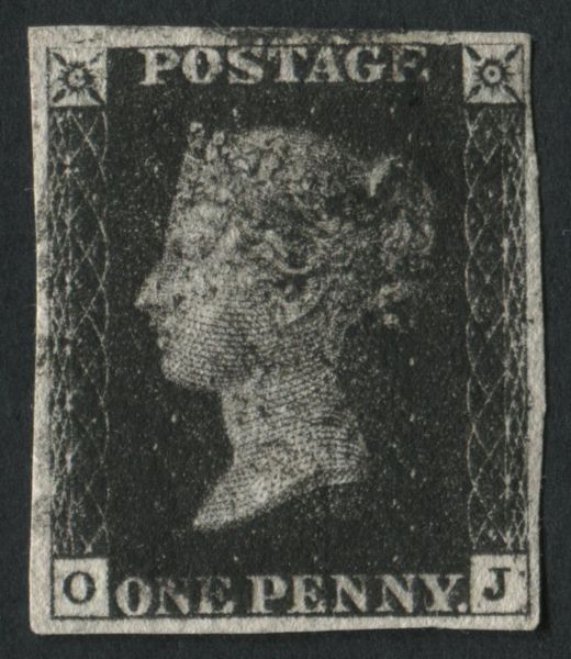 SG2pl6 1840 1d black plate 6, OJ, 4 margins, black MX.