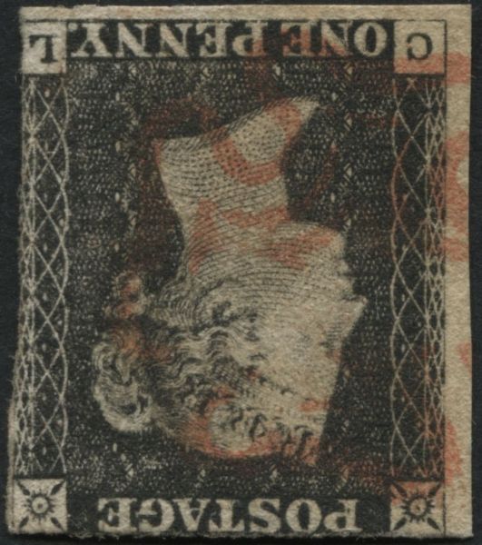 SG2wi 1d Black plate 1B 2-3 margin re entry on two corner, Wmk Inv fine Red Maltese cross