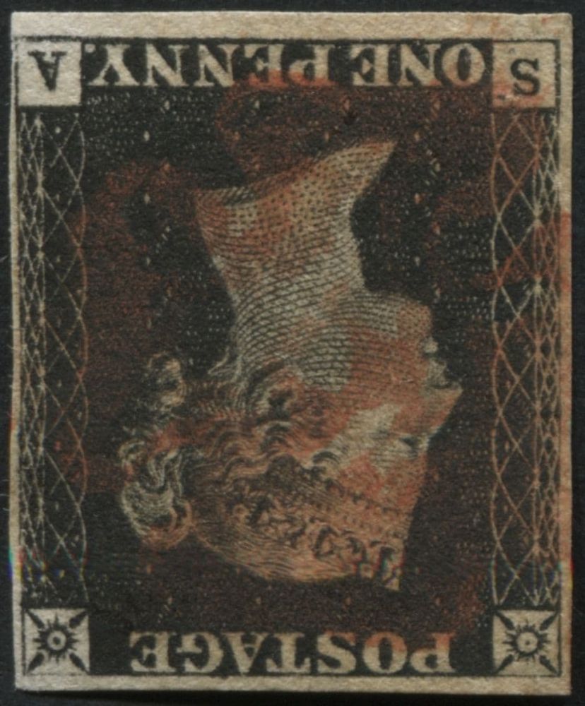 SG2wi 1d Black SA Pl.1B Wmk Inv with 4 clear margins, fine Red MX