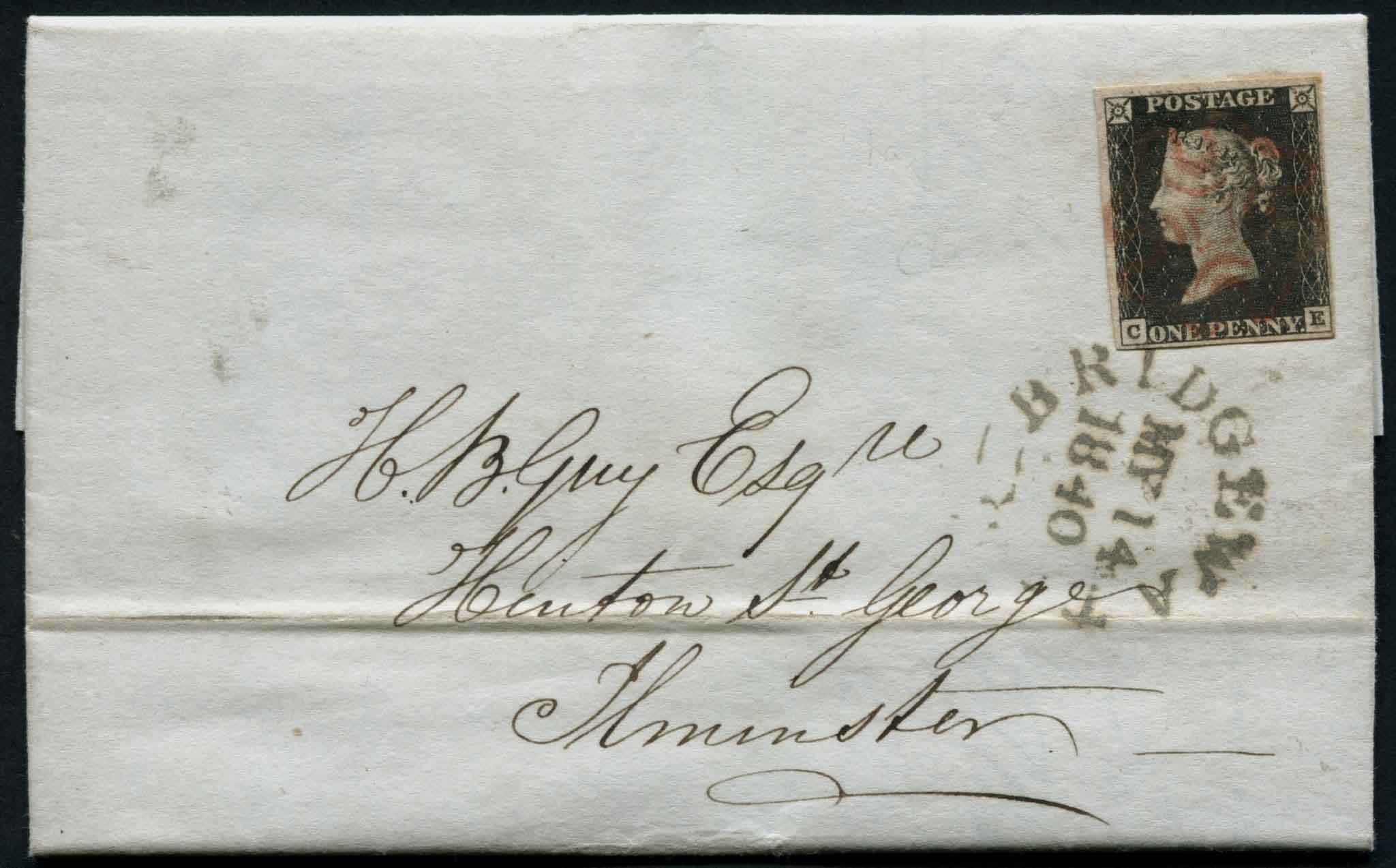 SG3 1d Black CE plate 1A May 1840 date, 4 good margins from BRIDGE WATER to Ilminster