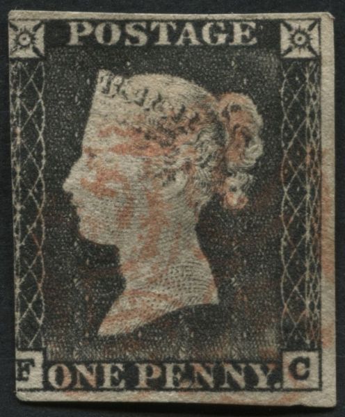 SG3 1d Grey-Black plate 1A FC, 3 margins feint Rose Red cancel, worn plate