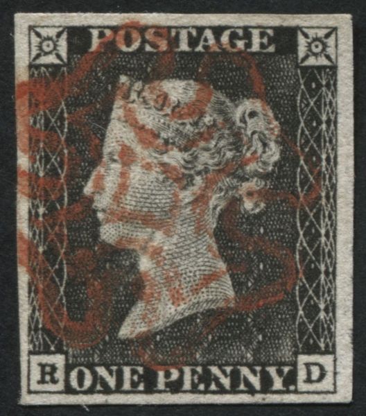 SG3 1d Grey-Black RD, v worn plate with 4 large margins bearing a pale Red Maltese cross