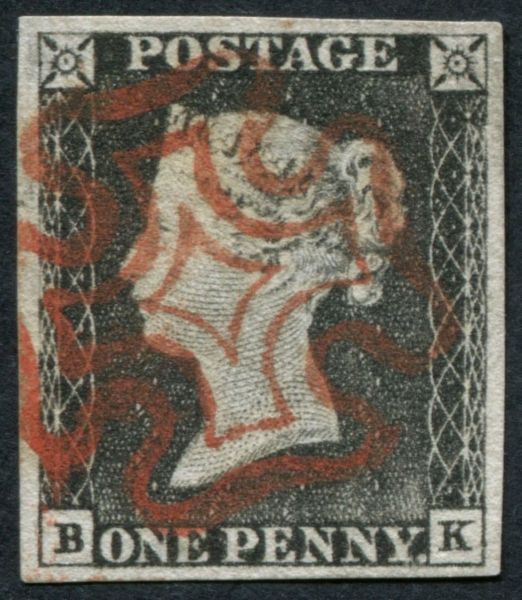 SG3 1d Grey-Black worn plate BK, with Orange-Red Maltese cross and 4 large margins