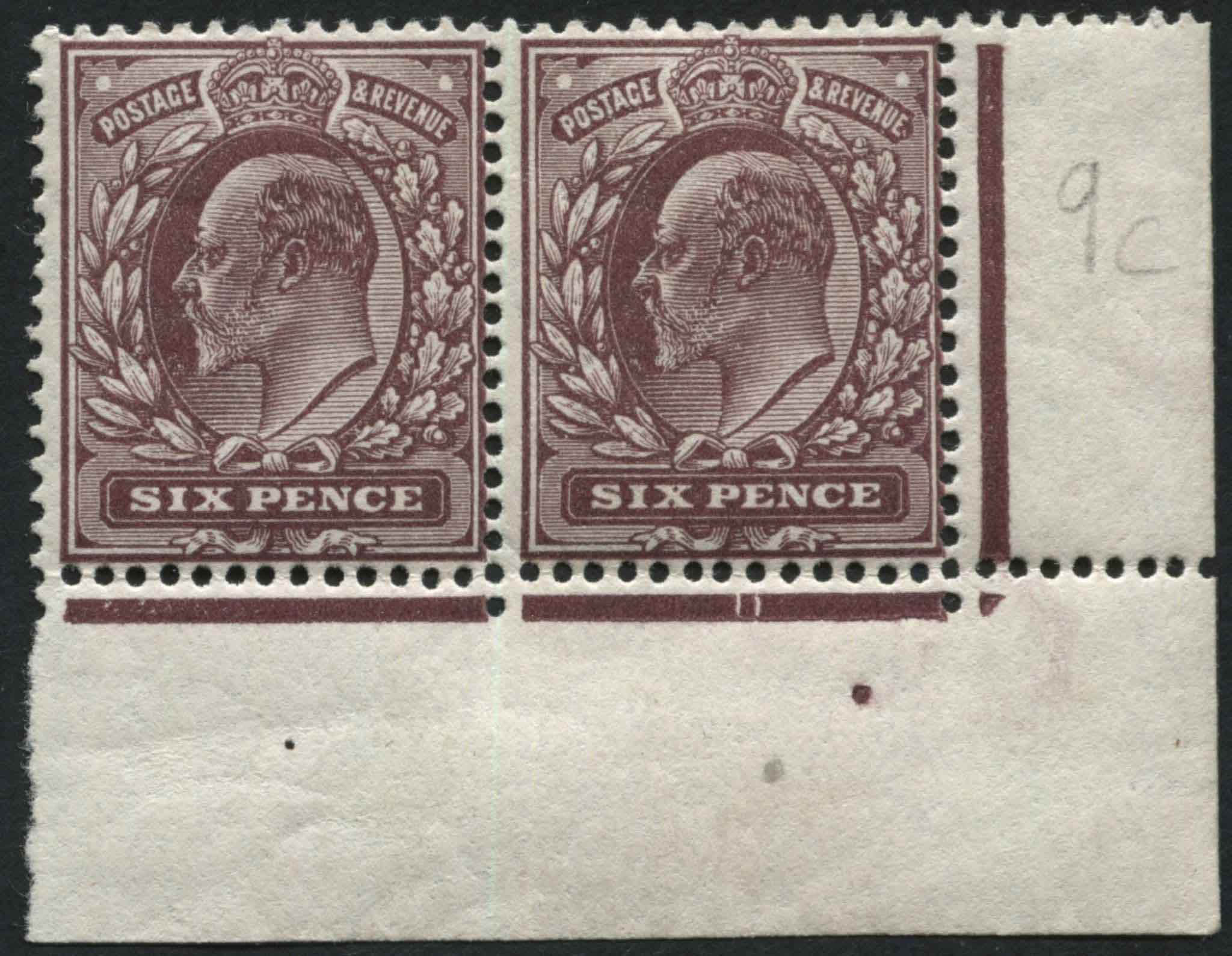 SG300 SpecM33(5) 6d dull Lilac corner pair with date cuts, U/M