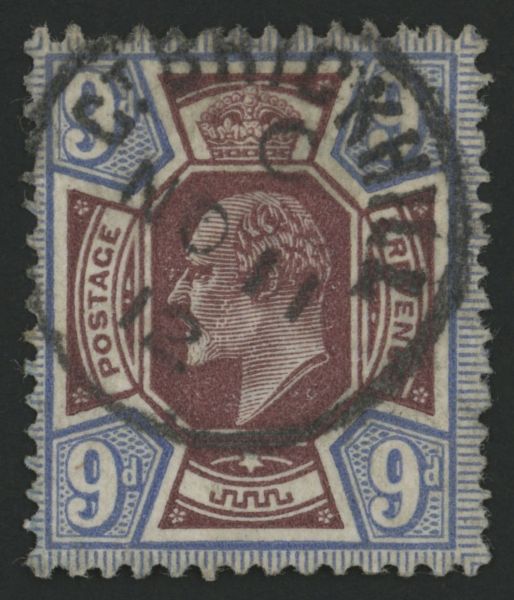 SG306 9d Reddish Purple and light Blue with perfect Great Brickhill thimble cancel