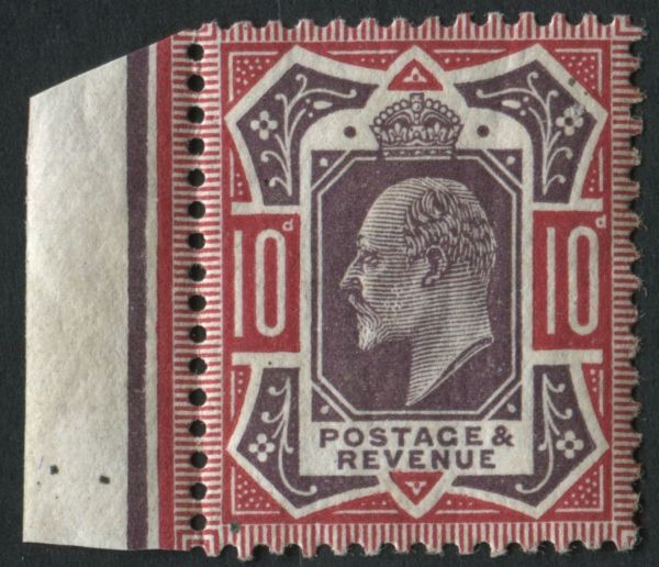 SG311 1911-13 10d dull Reddish Carmine and Purple left marginal, fine U/M