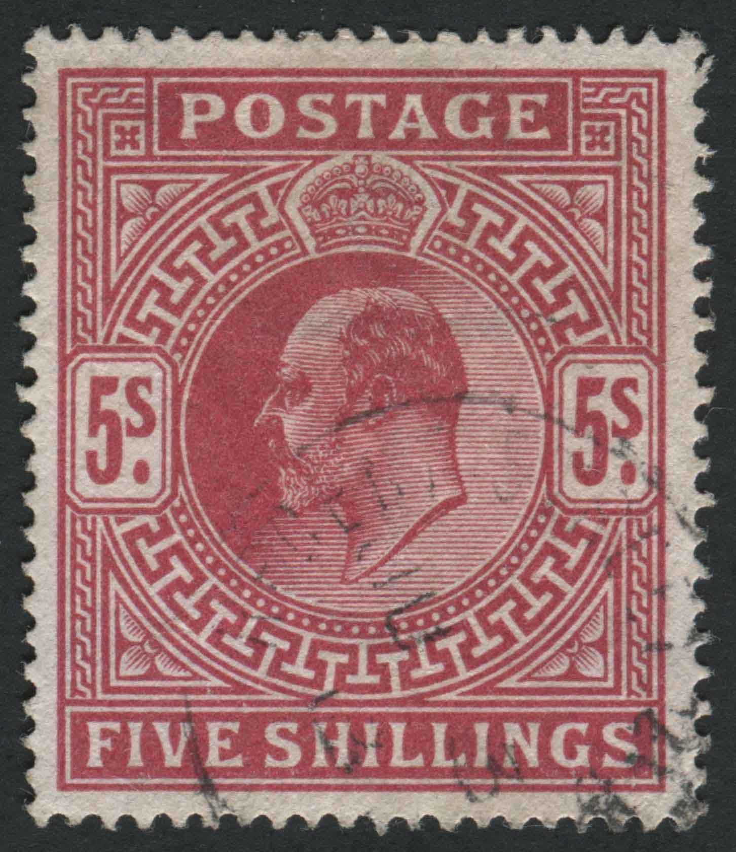 SG318 5/- Carmine Red Spec M52(1) very fine single ring cancel