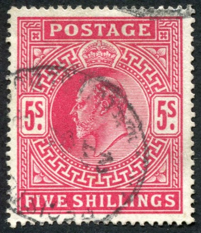 SG318 5/- Carmine, v fine round cancel