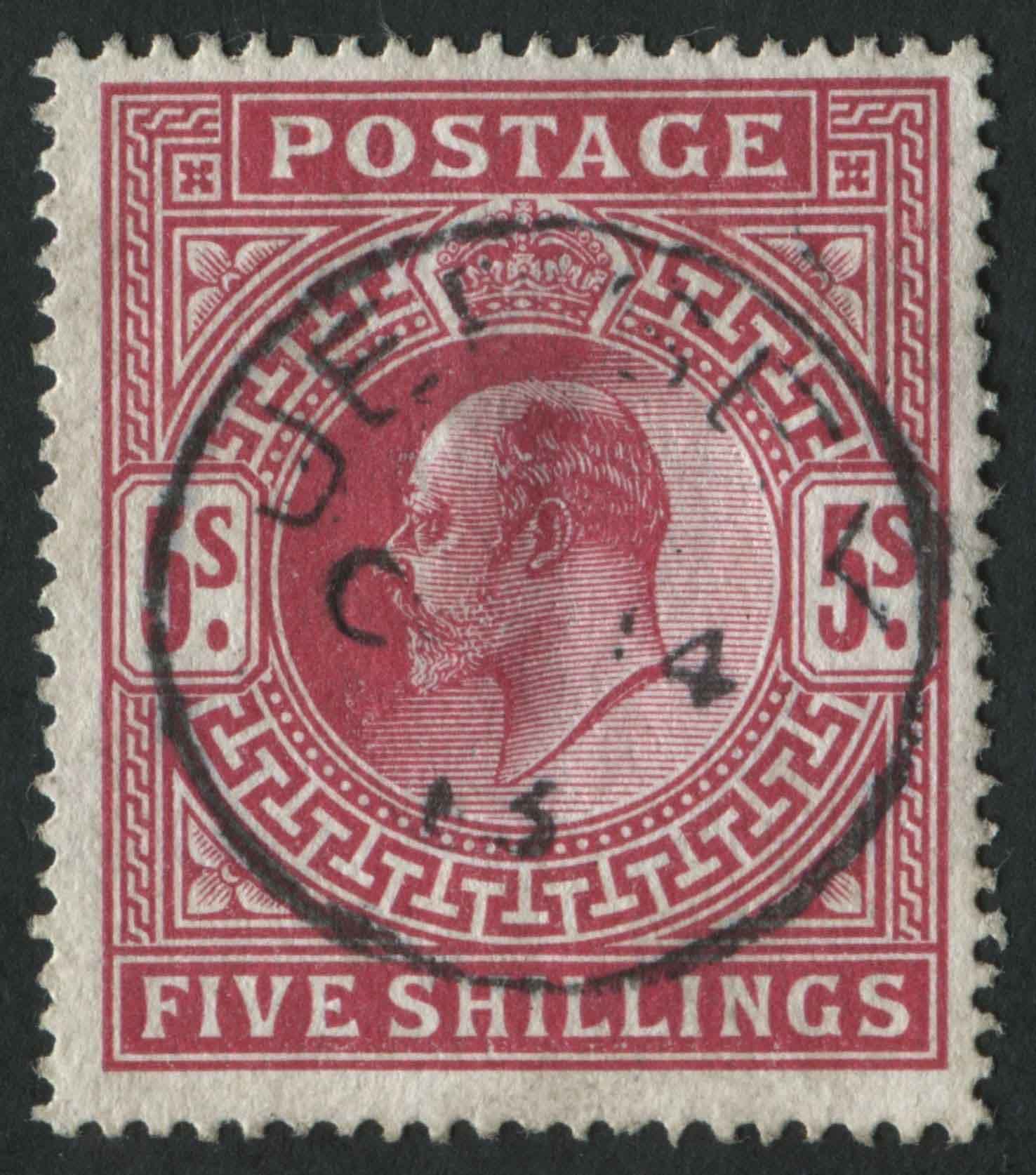 SG318 Spec M52(2) 5/- Carmine, pristine single ring cancel 1913