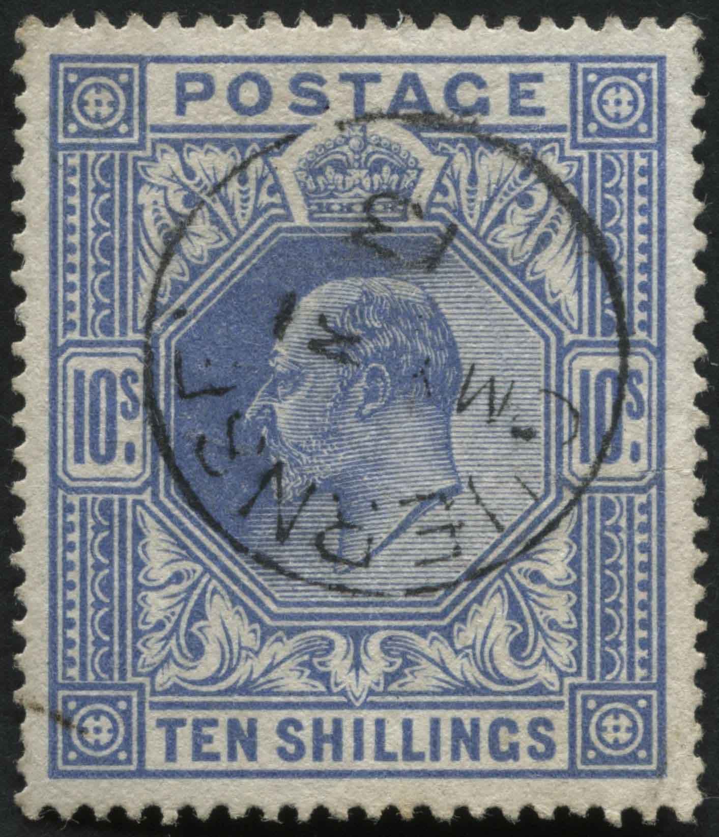 SG319 10/- Blue produced by Somerset House with Guernsey 31.5.1913 - a delightful example