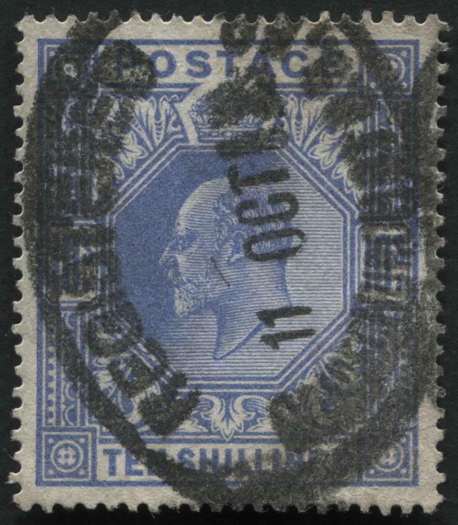 SG319 10/- Blue, registered cancel