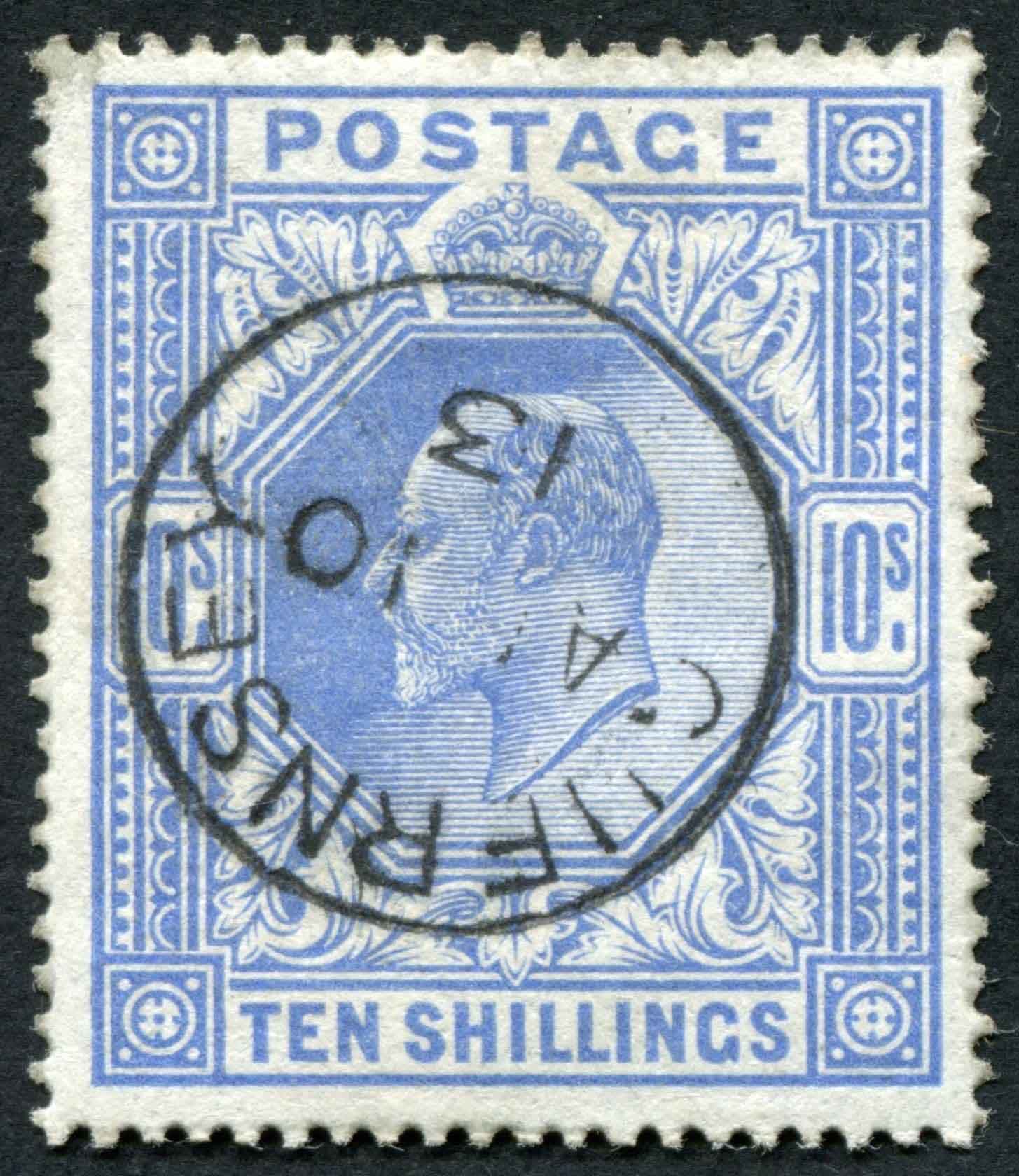 SG319 10/- Blue with perfect Guernsey 1913 cancel