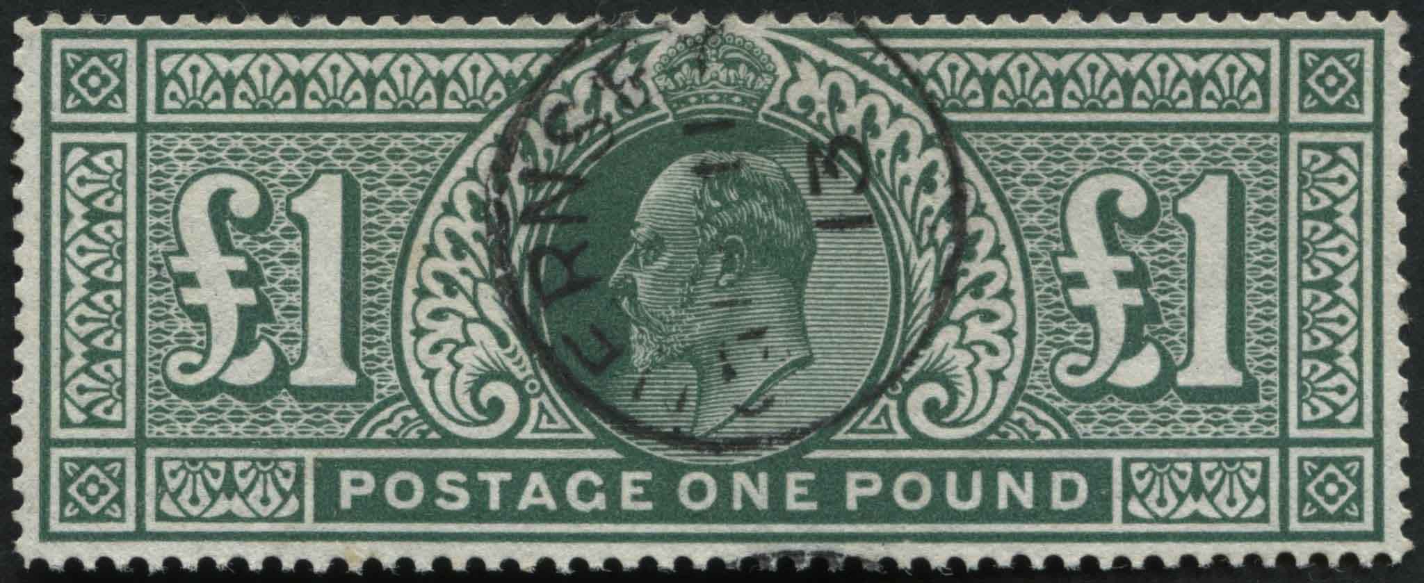 SG320 1 deep Green 1913 Guernsey, a plum postmark