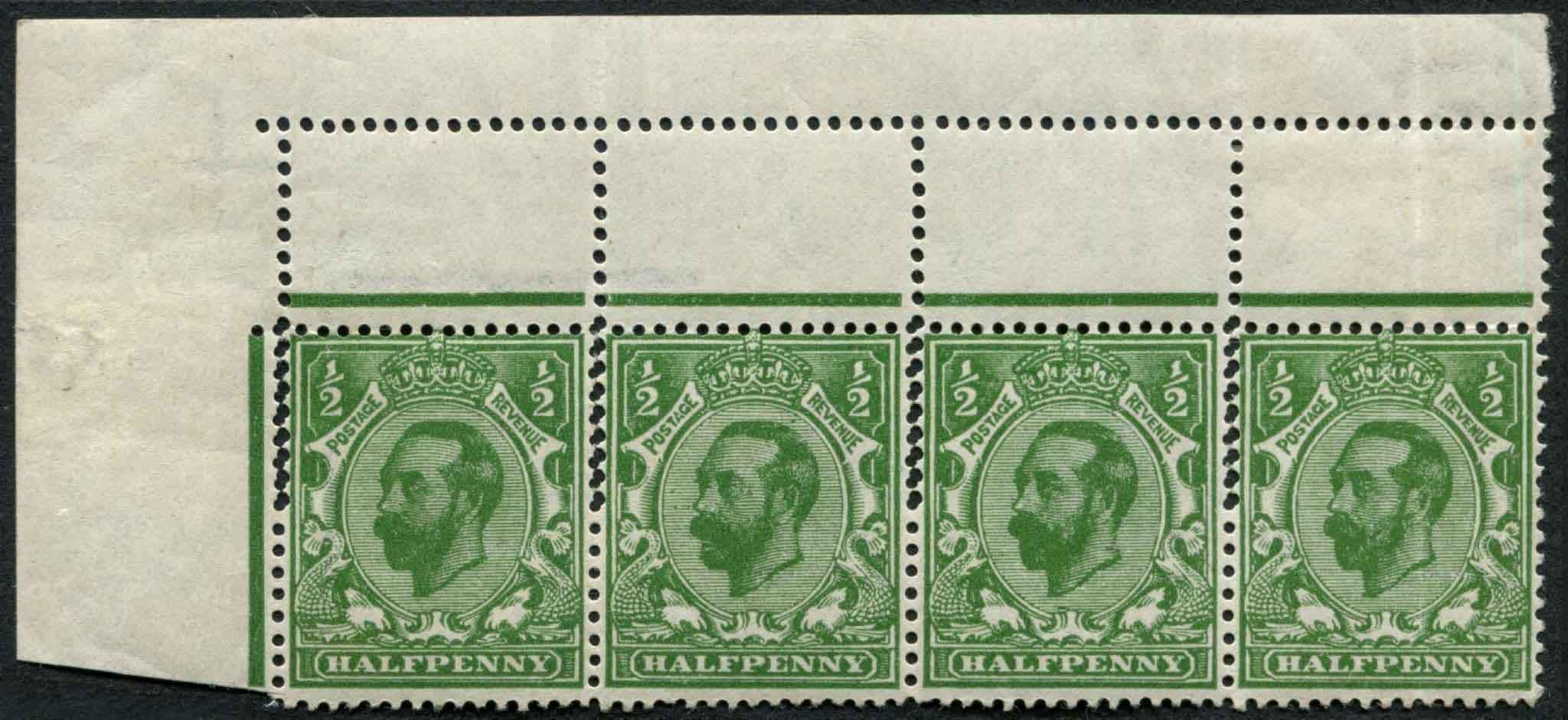 SG321 d Pale Green Die 1A strip of 4, top fed U/M double perf margin