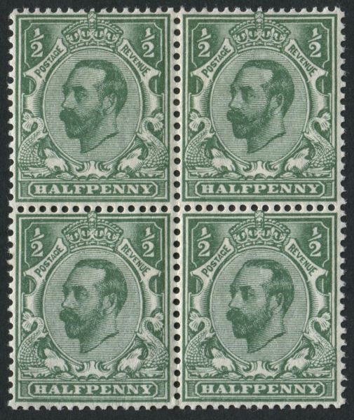 SG323 Spec N1(4) 1911-12 1/2d Bluish Green (pale shade) Wmk crown block of 4, U/M