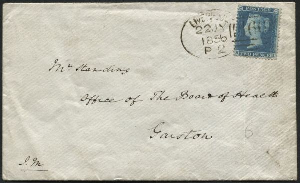 SG34 1855 2d Blue pl5 tied to envelope by superb strike Liverpool 1856 spoon to Garston