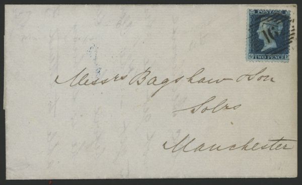 SG34 2d Blue GF tied to wrapper London to Manchester 21.11.1857, fine and attractive