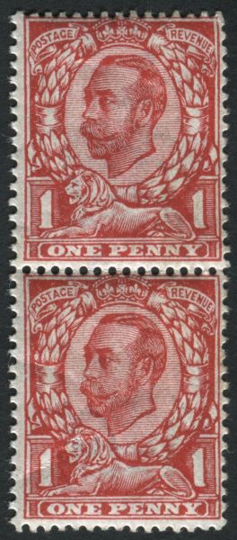 SG341-341a 1d bright Scarlet no cross on crown, in pair with normal v fine mint