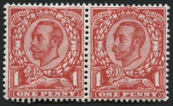 SG341a 1d Scarlet no cross on crown, U/M in pair with normal