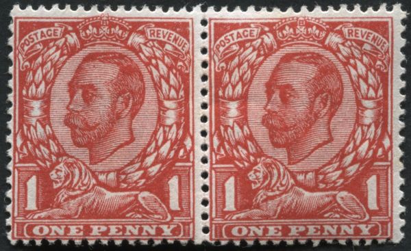 SG341A 1d Scarlet pair U/M, one stamp No Cross on Crown