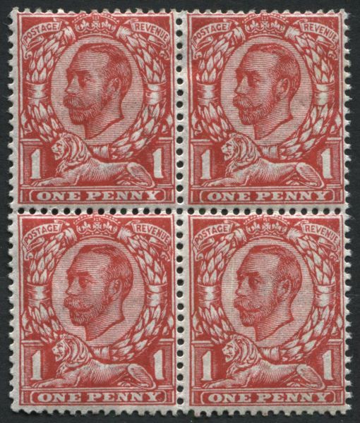 SG341a 1d Scarlet variety, no cross on crown block with 3 normal stamps, U/M