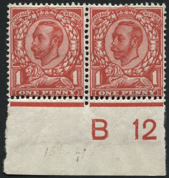 SG343 1d Aniline Scarlet mint pair control B12, one stamp is U/M