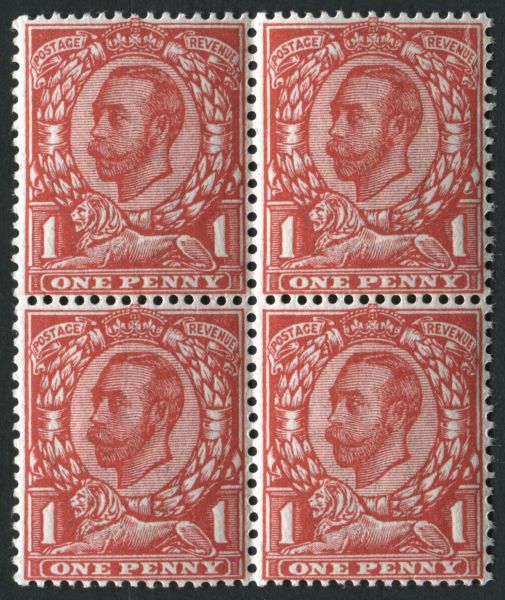 SG343 SpecN11(5) 1912 1d Aniline Scarlet block of four U/M, Hendon Cert