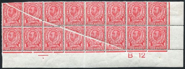 SG345 1d Scarlet, a superb marginal block of 16 with pre-printing paper crease affecting 7 mint stamps