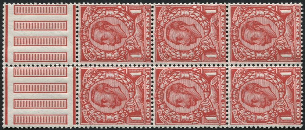 SG345 A block of 6 1d Scarlet inc No Cross on Crown on one stamp - SG345a