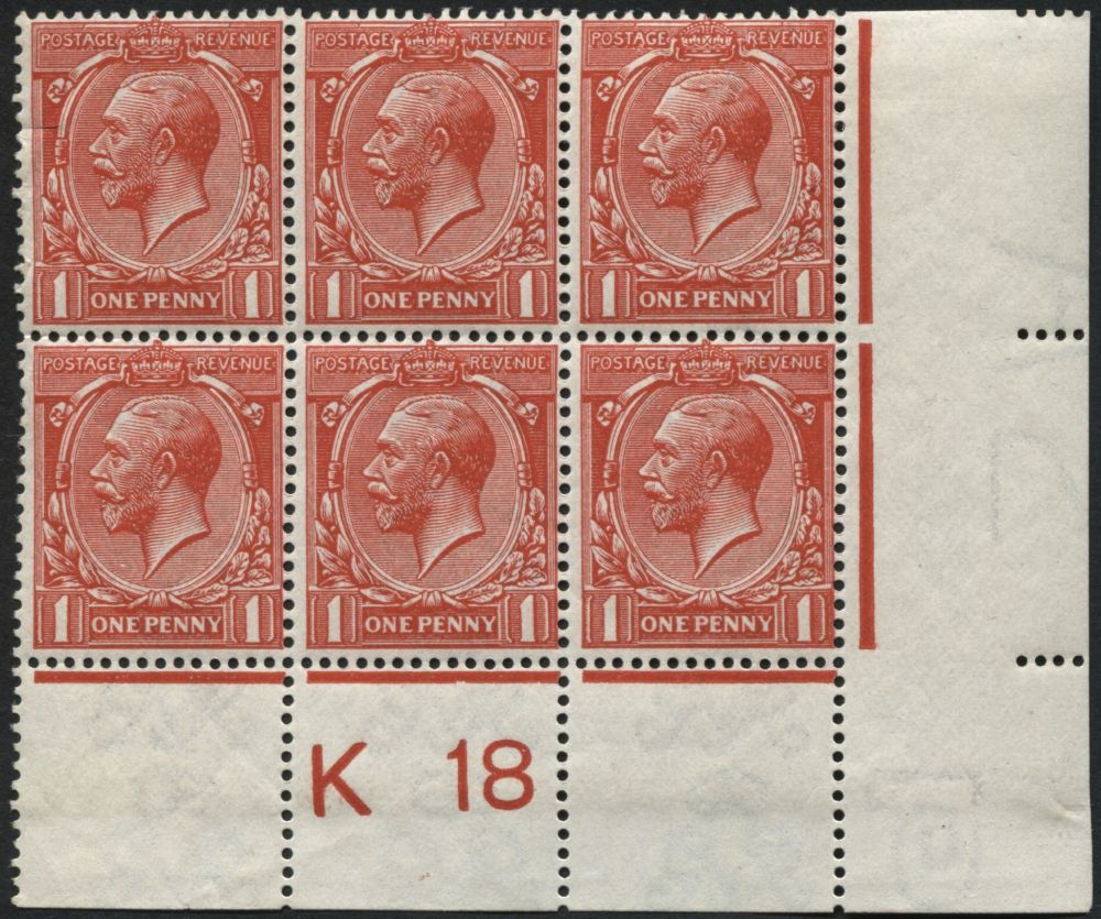 SG357 1d Vermilion K18 mint block of 6, with RPS Cert.