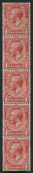 SG357 Spec N16yb 1912-24 1d bright Scarlet vertical strip of 5, POSTAGE watermark, U/M