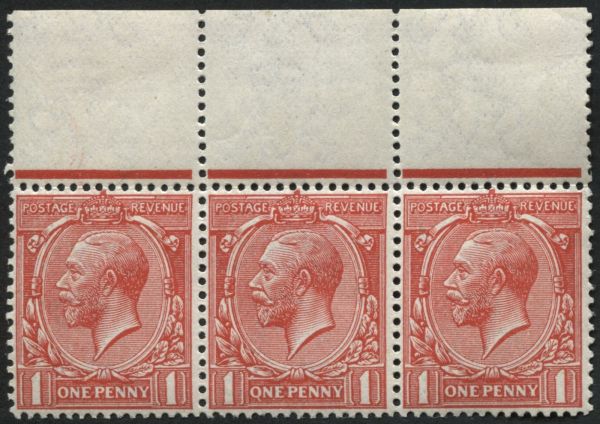 SG357a 1912 1s Scarlet variety Q for O in positional top marginal strip of 3, all pristine fresh U/M - scarce