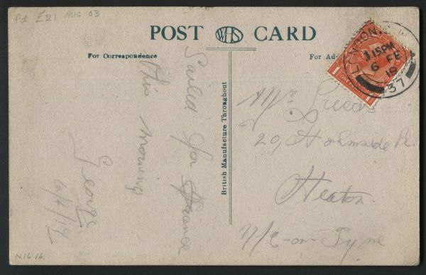 SG361 Spec N16(16) 1d deep Orange Vermilion, tied to postcard 6.2.1919 with London cds