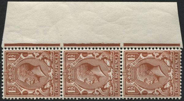 SG364a 1912 1d Chestnut variety PENCF error U/M, side marginal in positional strip of 3