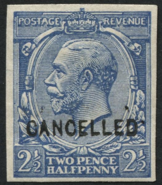 SG371 Spec N21 21/2d Blue imperforate overprinted CANCELLED, v fine mint type 24