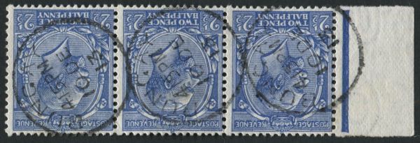 SG372wi 2d Blue Wmk Inv horizontal strip of 3 with margin, each with fine circular cancel 1913