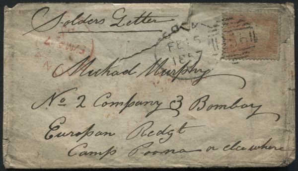 SG38 1857 Soldiers letter Cork franked One Penny Spoon, Poona transits and Bombay March 25th, Bombay FREE in Red oval soiled in transit