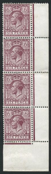 SG385spec N26 YB 6d Reddish-Purple strip, variety WMK, 'POSTAGE' in stamps